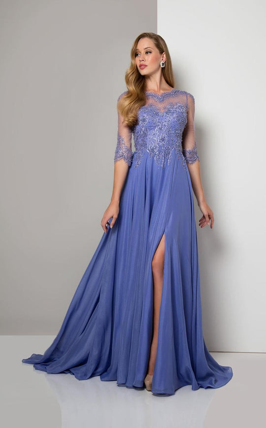 Terani Couture - Elegant Beaded Illusion Long-sleeve A-line Gown 1713M3484 in Purple