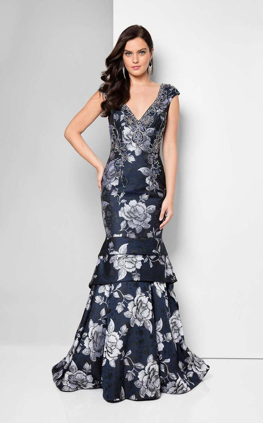 Terani Couture - Lovely Floral Cap-sleeve Marmaid Gown 1713M3498 in Black