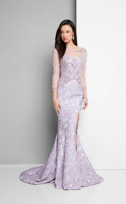 Terani Couture - Mermerizing Long-sleeve Beaded Floral Printed Mermaid Gown 1713M3499 in Purple