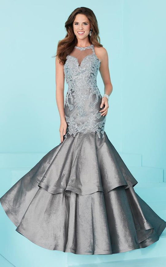 Tiffany Homecoming - Flouncy Tiered Mermaid Illusion Long Evening Gown 16211 In Gray