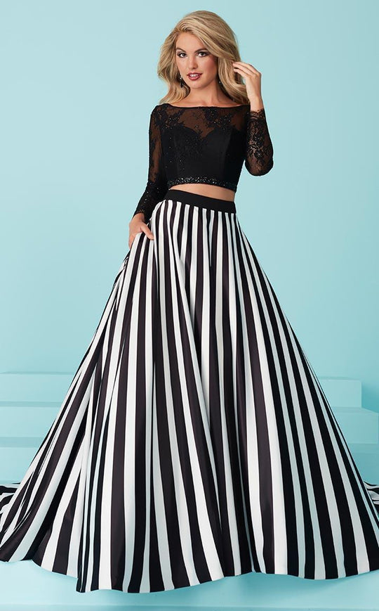 Tiffany Homecoming - Chic Lace Illusion A-Line Long Evening Gown 16216 In Black and White