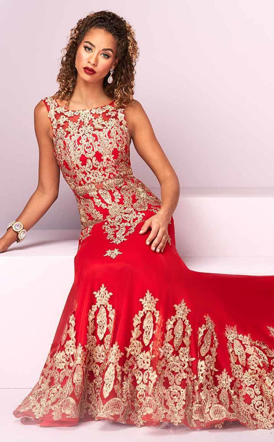 Tiffany Homecoming - 16237 Intricate Gilded Lace Trumpet Gown in Red and Gold