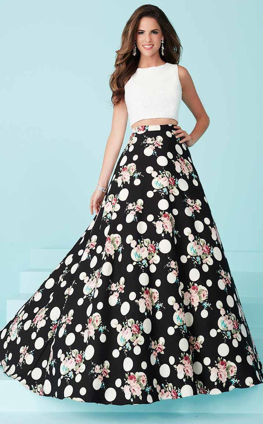 Tiffany Homecoming - Sweet Sleeveless Formal Two Piece with Printed Skirt 16238 In White and Black and Multi-Color