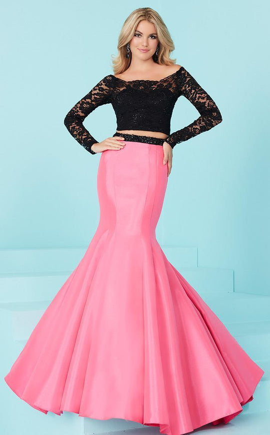 Tiffany Homecoming - 16240 Scalloped Off Shoulder Mermaid Gown in Black and Pink