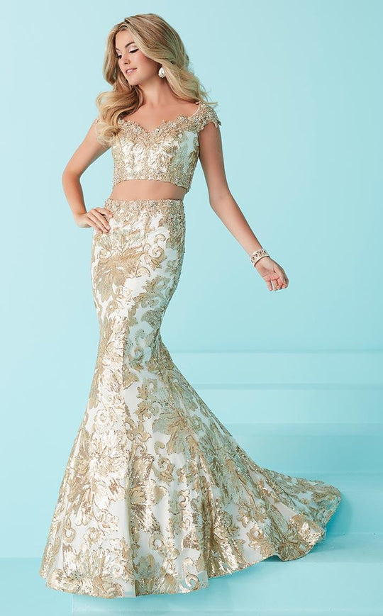 Tiffany Homecoming - Attractive Off-Shoulder Two Piece Floral Dress 16243 In Gold and White