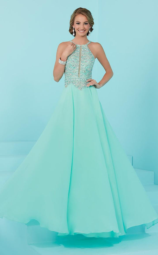 Tiffany Homecoming - 16246 Halter Illusion Center Split Gown in Blue and Green