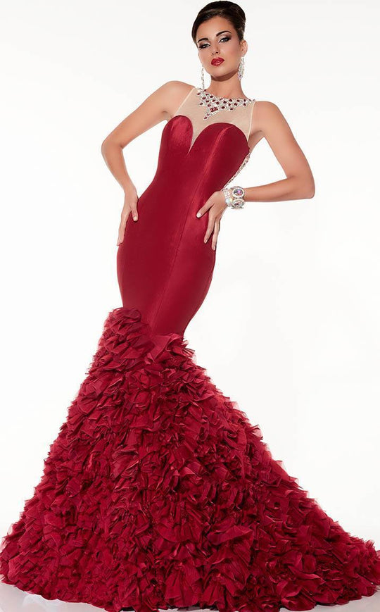 Panoply - Jeweled Neckline Richly Ruffled Mermaid Gown 14793 In Red and Neutral