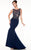 Panoply - Beaded Bateau Neck Jersey Trumpet Dress 14796 in Blue