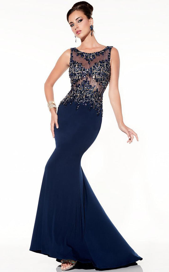Panoply - Beaded Bateau Neck Jersey Trumpet Dress 14796 in Blue
