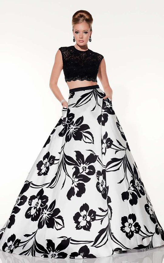 Panoply - Two Piece Contrast Lace A-Line Evening Gown 14800 In Black and White