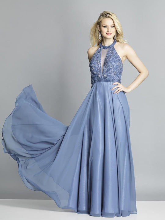 Dave & Johnny - A7889 Embellished Halter Neck A-line Dress With Train In Blue