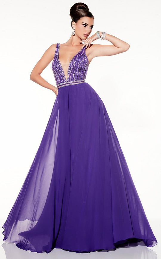 Panoply - 14806 Plunging V-Neck Silky Chiffon Gown in Purple