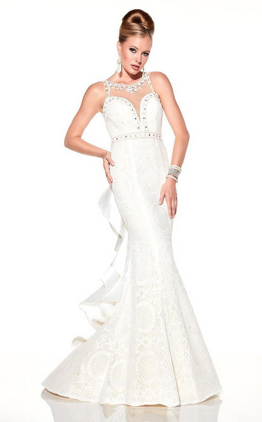 Panoply - Ruffle Skirt Paneled Illusion Trumpet Gown 14808 in White and Neutral