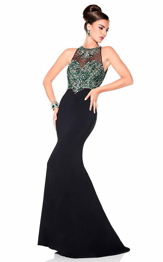 Panoply - Crystal Ornate Yoke Illusion Jersey Trumpet Gown 14810 in Blue and White