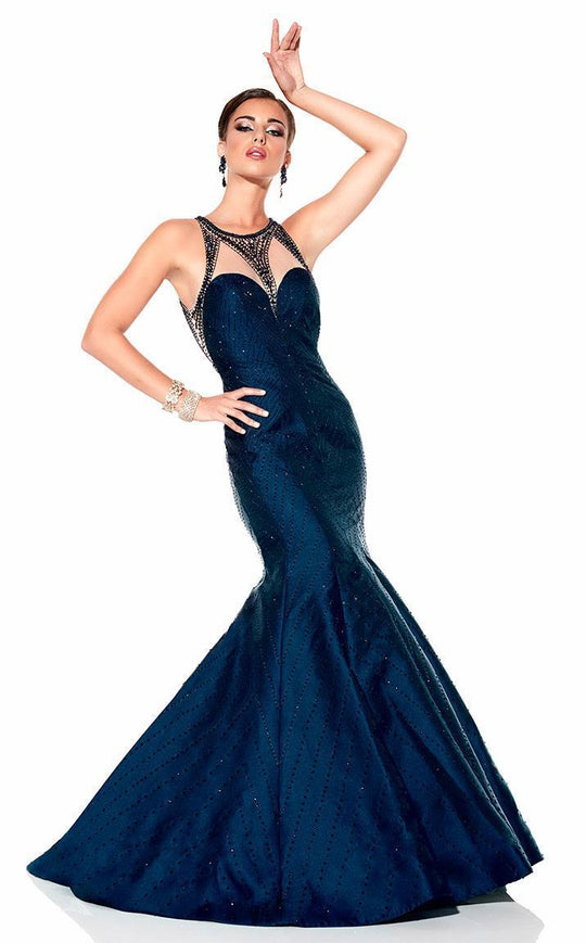 Panoply - Chevron Embellished Illusion Mikado Trumpet Gown 14811 in Blue