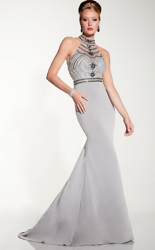 Panoply - Delectable High Halter Bejeweled Trumpet Gown 14815 in Silver