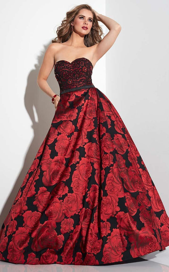 Panoply - Embellished Sweetheart Floral Print Ball Gown 14822 in Red