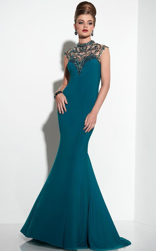 Panoply - 14828 Embellished Stones Trumpet Evening Gown in Blue and Silver