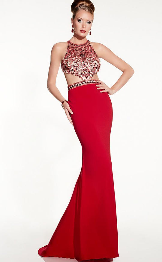Panoply - Beaded Halter Neck with Side Cutout Sheath Dress 14831 in Red and Neutral