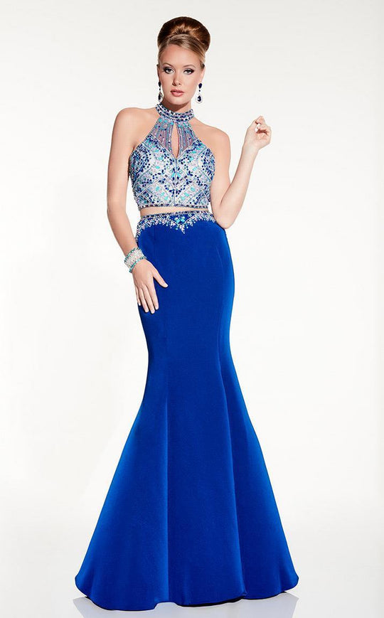 Panoply - Two-Piece Embellished Crop Top Mermaid Dress 14834 In Black and Multi-Color