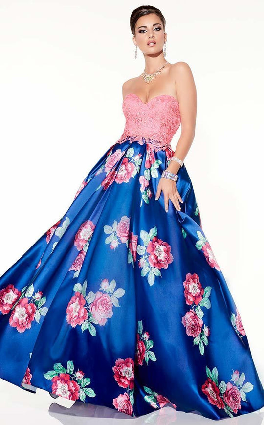 Panoply - 14835 Strapless Lace and Floral Print Ballgown in Royal Rose