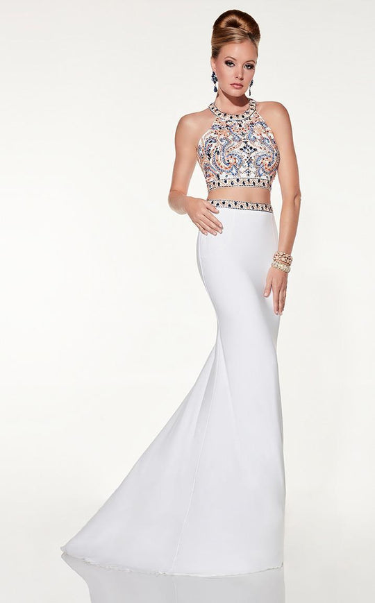Panoply - 14840 Two-Piece Ornate Halter Jersey Gown in White