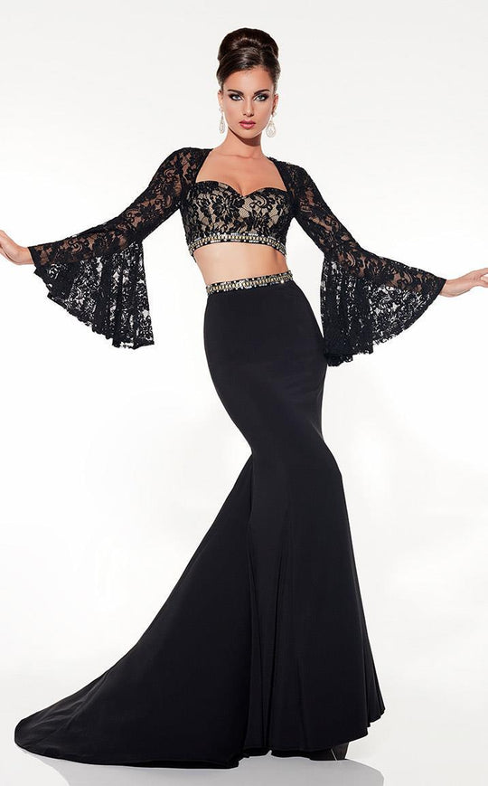 Panoply - Two-Piece Sultry Bell Sleeved Lace Trumpet Gown 14844 In Black