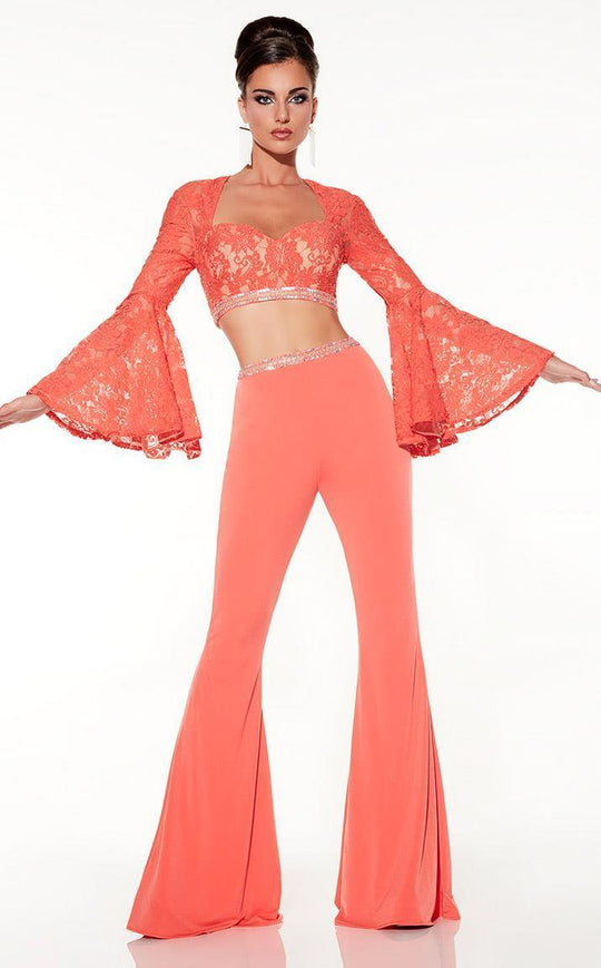 Panoply - Two-Piece Alluring Bell Sleeved Lace Pantsuit Ensemble 14845 In Orange