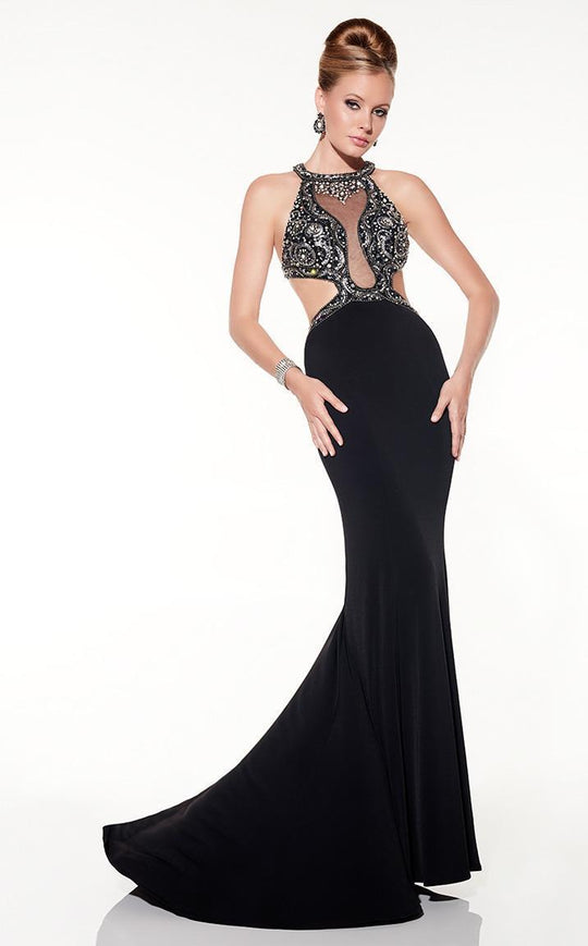 Panoply - Gorgeous Yoke Illusion Jersey Mermaid Gown with Cutouts 14848 In Black