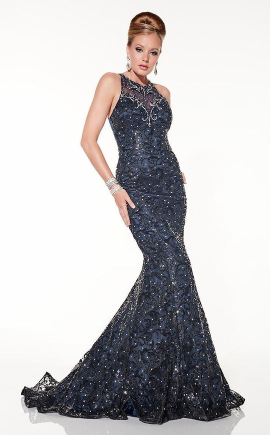 Panoply - Sculpted Illusion Sequined Lace Trumpet Gown 14849 In Black and Blue