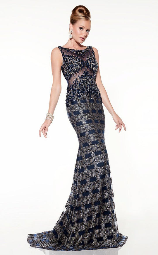 Panoply - Luxurious Art Deco Illusion Trumpet Gown 14850 In Blue and Gold