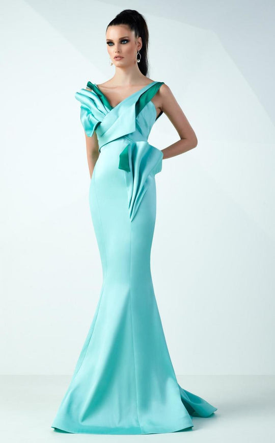 MNM Couture - Ruffled V-Neck Couture Dress G0725 in Green