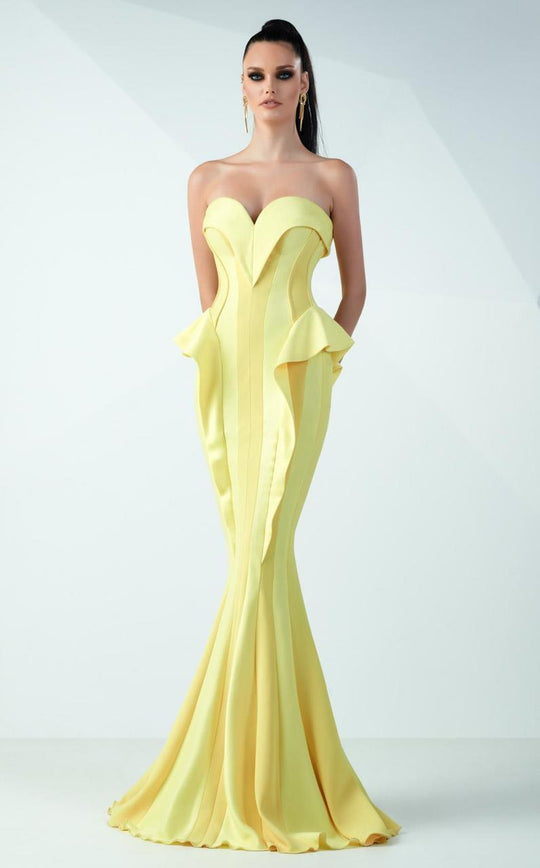 MNM Couture - Ruffled Sweetheart Mermaid Dress G0731 in Yellow