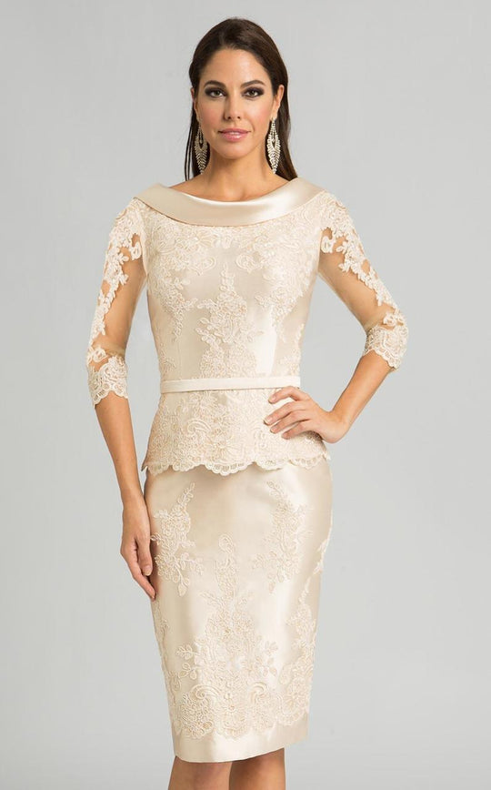 Feriani Couture - 18557 Lace Bateau Sheath Dress In Neutral
