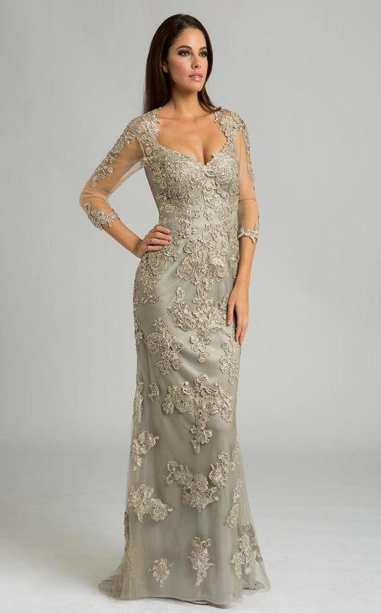 Feriani Couture - 18571 Sheer Lace Evening Gown In Gray and Neutral