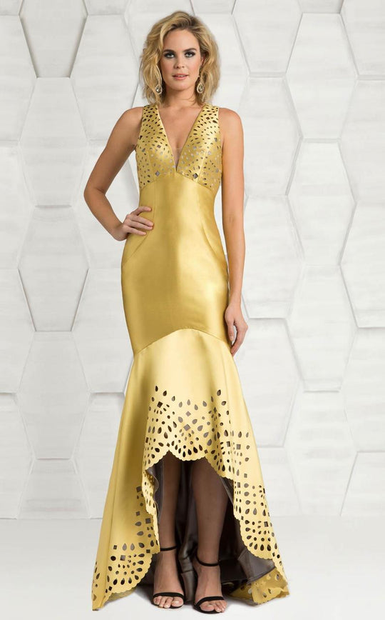 Feriani Couture - 18575 Sleeveless Deep V-Neck Trumpet Dress In Gold and Silver