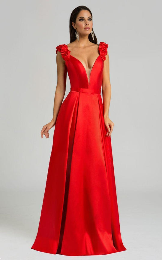 Feriani Couture - 18579 Ruffled Deep V-Neck A-Line Gown In Red