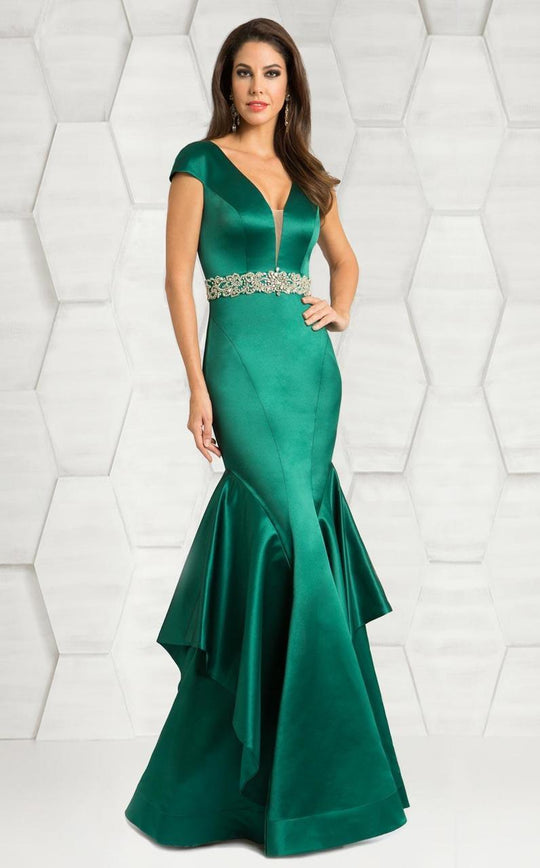 Feriani Couture - 18582 Ruffled Deep V-Neck Mermaid Dress In Green