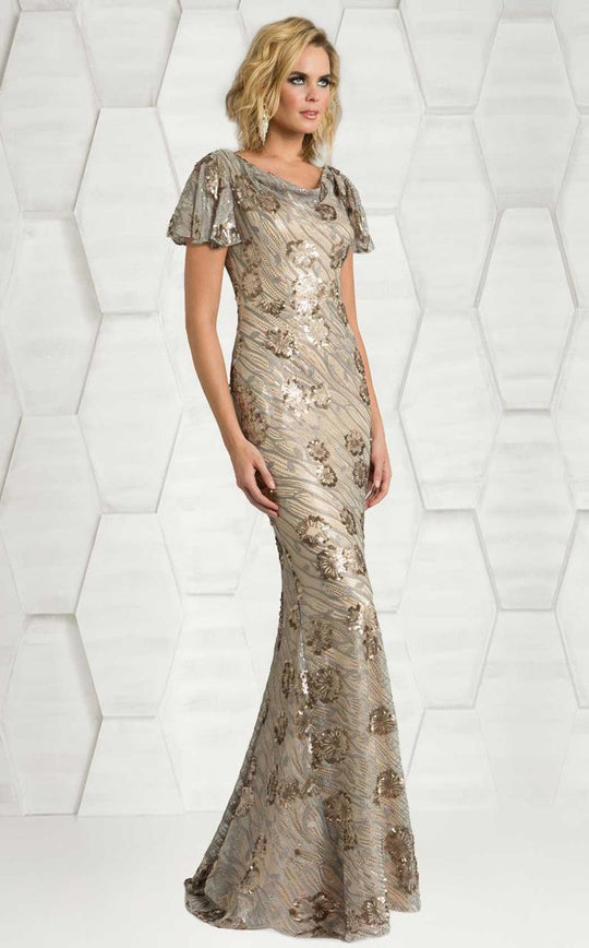 Feriani Couture - 18600 Cowl Sequined Mermaid Gown In Silver and Neutral