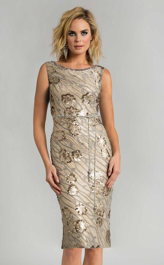 Feriani Couture - 18601 Shimmering Bateau Cocktail Dress In Silver and Neutral