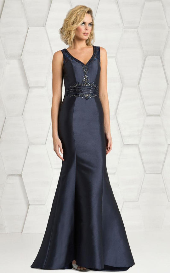Feriani Couture - Embellished V-neck Mermaid Dress 18611 In Navy