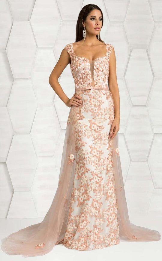 Feriani Couture - 18618 Sheer Floral Embellished Gown In Pink