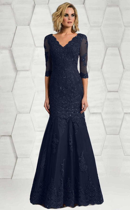 Feriani Couture - 18633 Lace V-neck Mermaid Dress In Blue