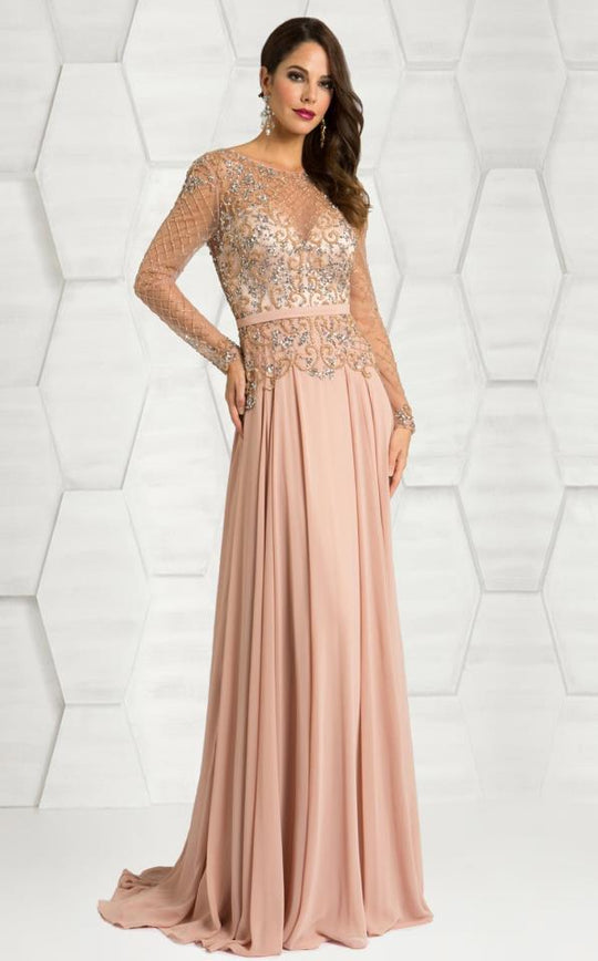 Feriani Couture - 26237 Long Sleeve Sheer Embellished Long Dress  in Pink