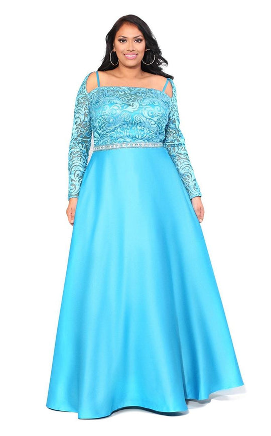 Kurves by Kimi - Stunning Laced and Embellished Square Neck Burnout A-Line Dress 7001 In Blue