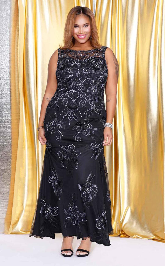 Kurves by Kimi - Full-length Pattern Embellished Mesh Evening Dress 71121 in Black and Silver