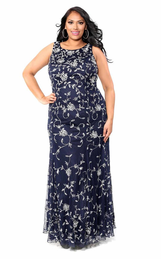 Kurves by Kimi - Sleeveless with Shimmering Vines Evening Dress 71153 In Blue and Silver