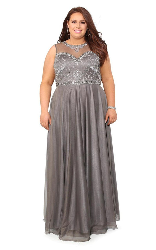 Kurves by Kimi - Illusion Jewel Neckline Sheer A-line Dress 71161 in Gray
