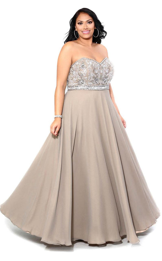 Kurves by Kimi - Dazzling Embellished Sweetheart A-line Evening Dress 71164 in Gray