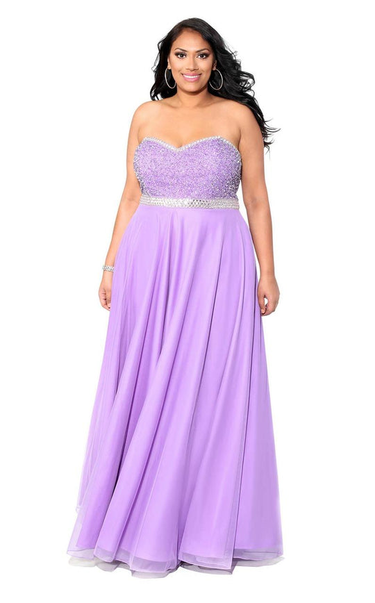 Kurves by Kimi - Rhinestone Embellished Strapless A-line Evening Dress 71165 in Purple